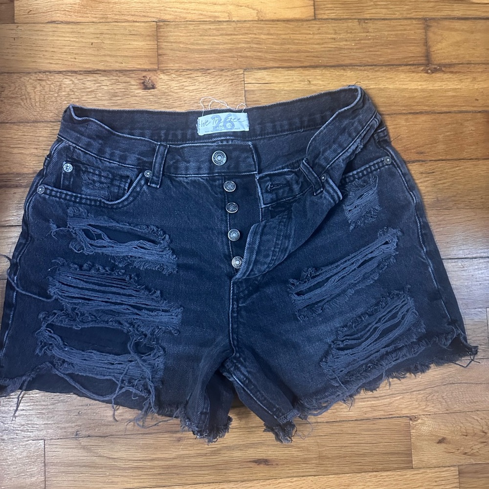 We the Free-Free People Distressed Black Denim Shorts